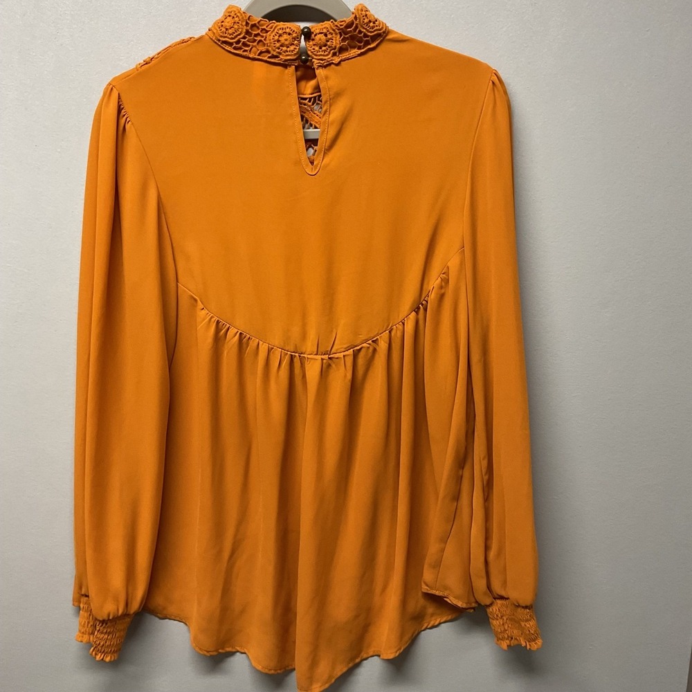 Xhilaration Womens Blouse Mustard Yellow Crochet Lace Bib Boho High Neck Large - Picture 3 of 6
